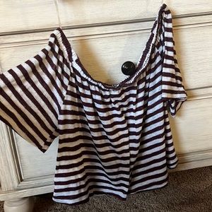 off the shoulders red and white stipped shirt
